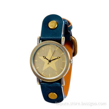 Vintage Unisex Star Print, Japanese PC21J Movement Wrist Watch with PU Leather Strap (Blue)
